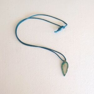 Green stone Pendant Necklace with satin Blue Cord